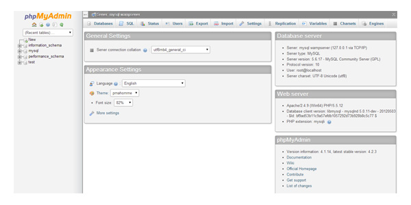 phpMyAdmin Home Page