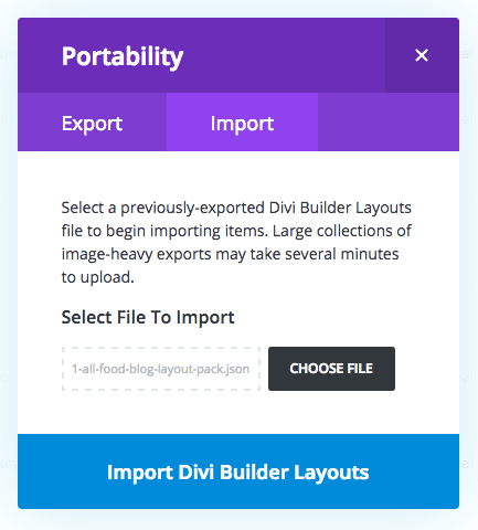 food-blog-category-layout-divi-library-portability-modal
