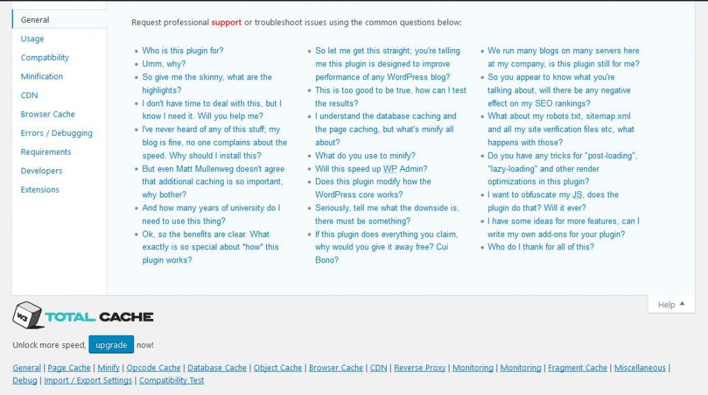 w3 total cache help section