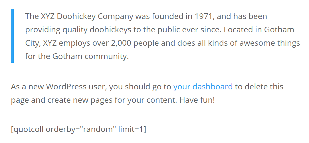 A random quotes shortcode in the editor.