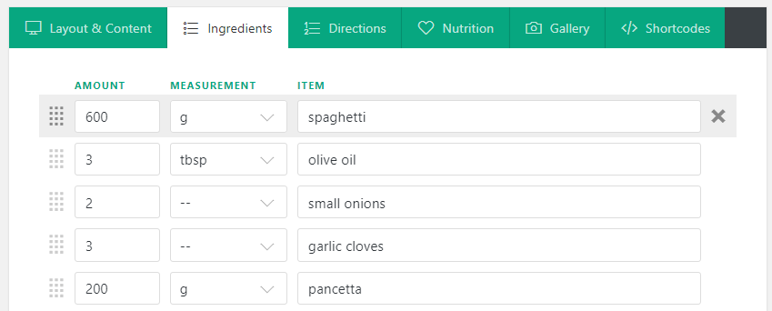 Your recipe's ingredients tab.