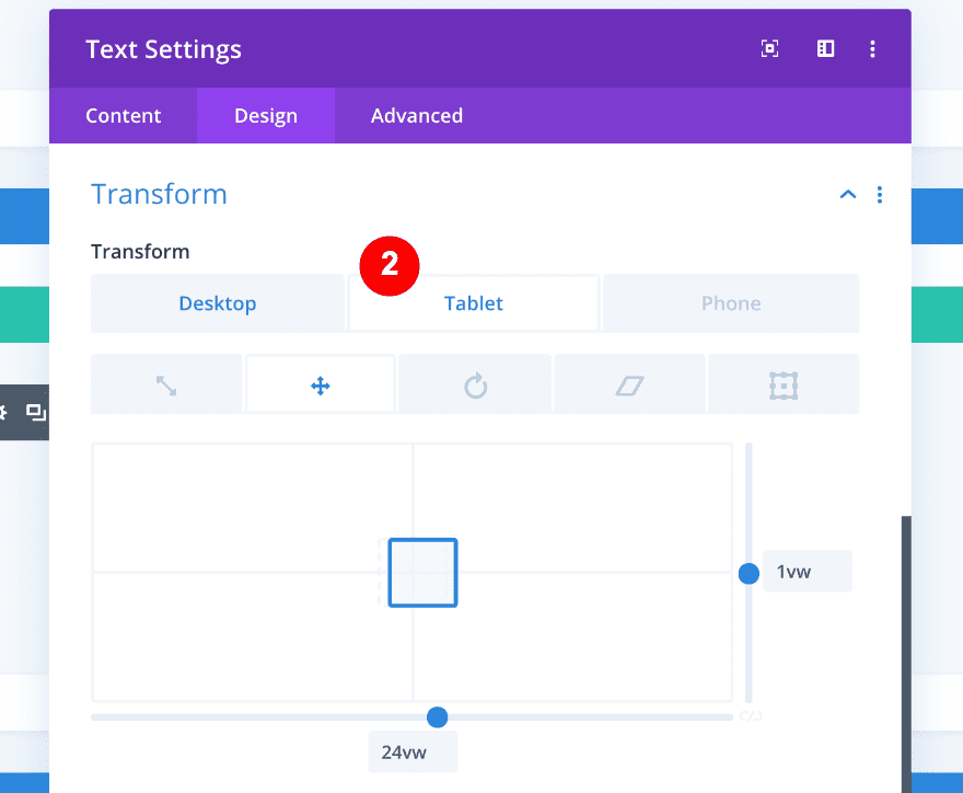 transform settings for text in column two