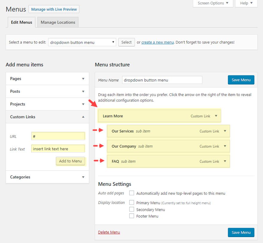 divi dropdown menu button