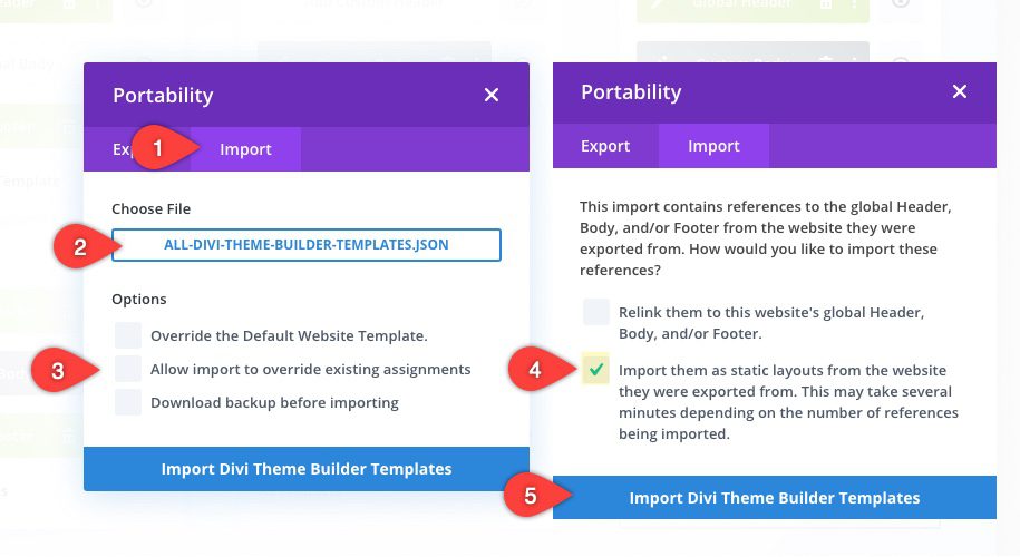 Divi theme builder portability options