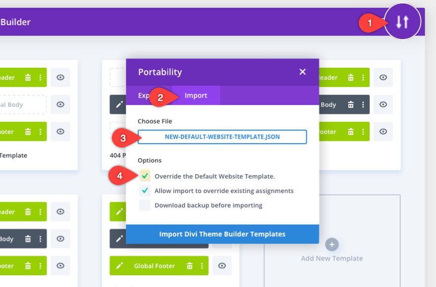 Divi theme builder portability options
