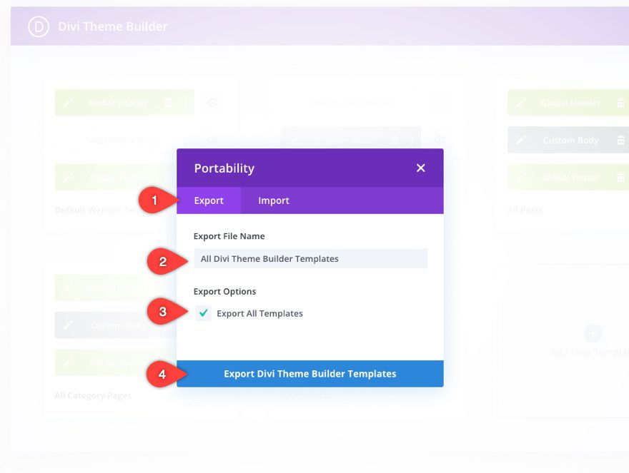 Divi theme builder portability options