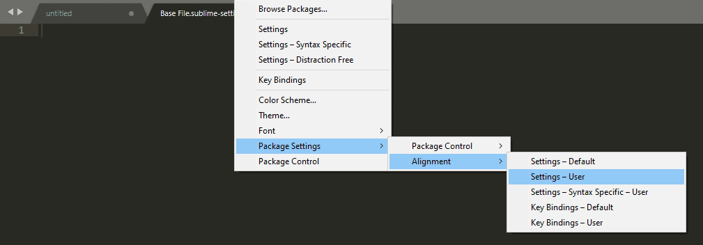Opening the Sublime Text user settings file.