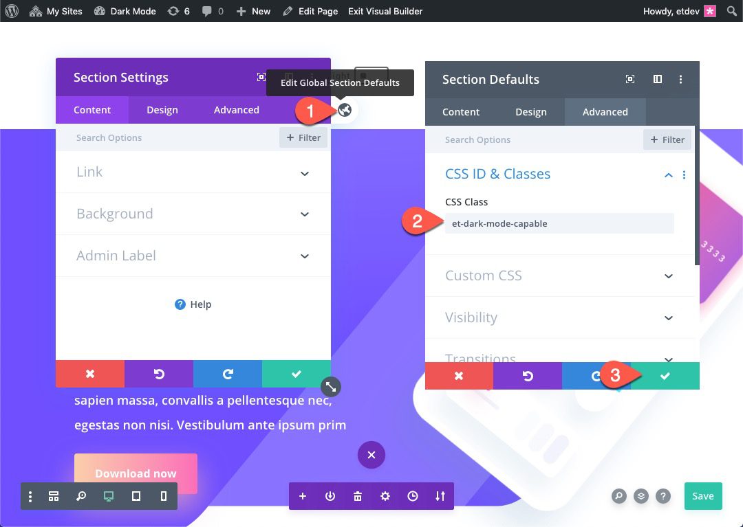 dark mode toggle in divi
