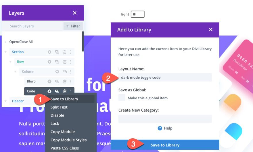 dark mode toggle in divi