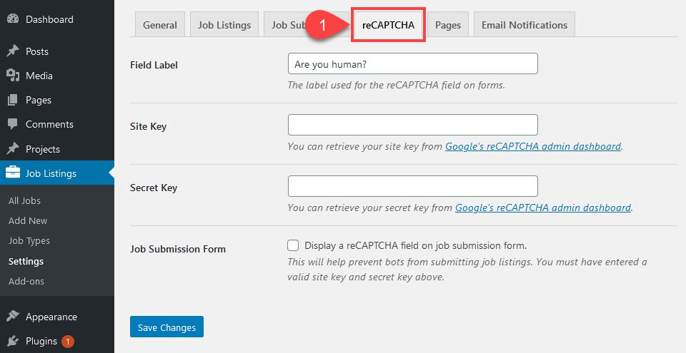 how to create a job board and add re CAPTCHA