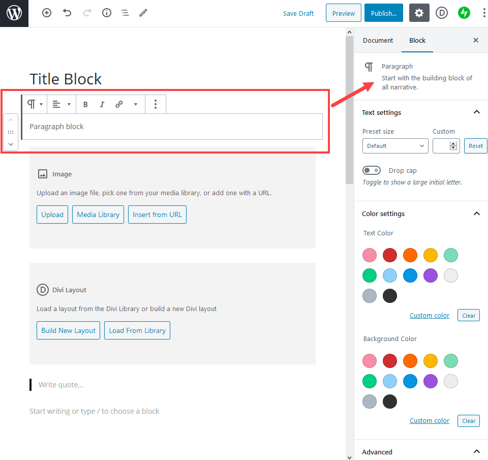 paragraph block options
