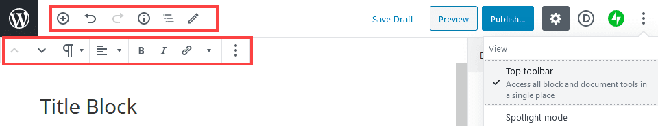 top toolbar in gutenberg