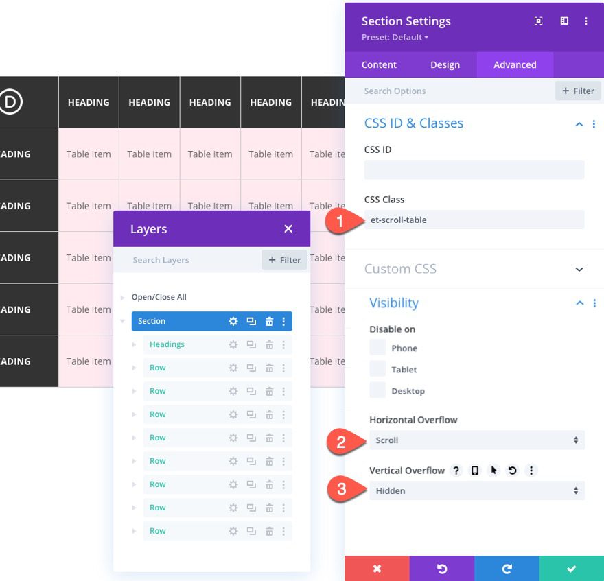 divi table with horizontal scroll