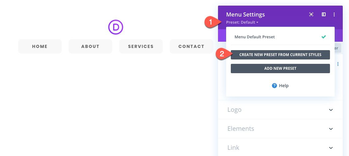 divi menu module global presets