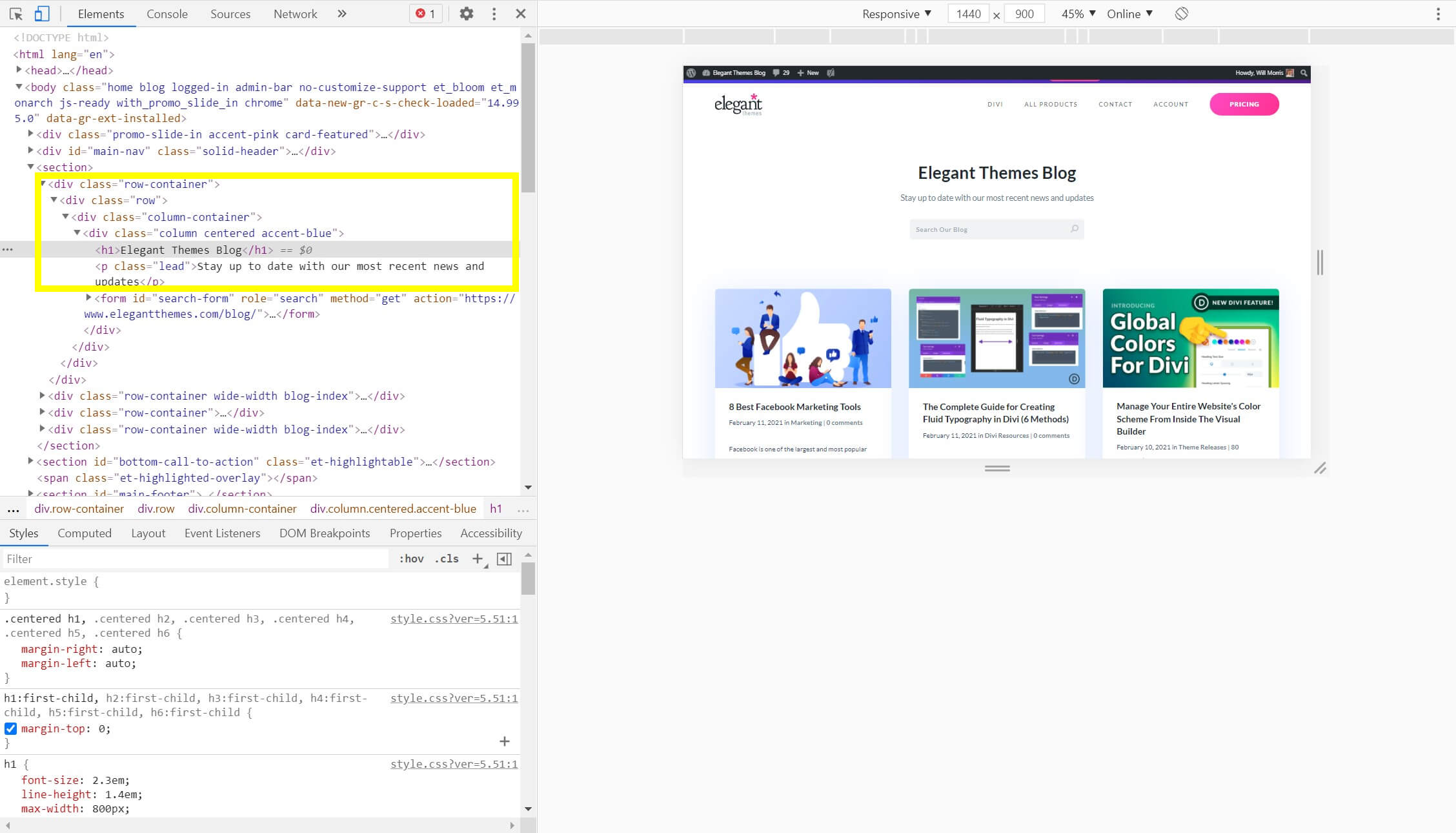 CSS classes displayed in the Inspect Element window.