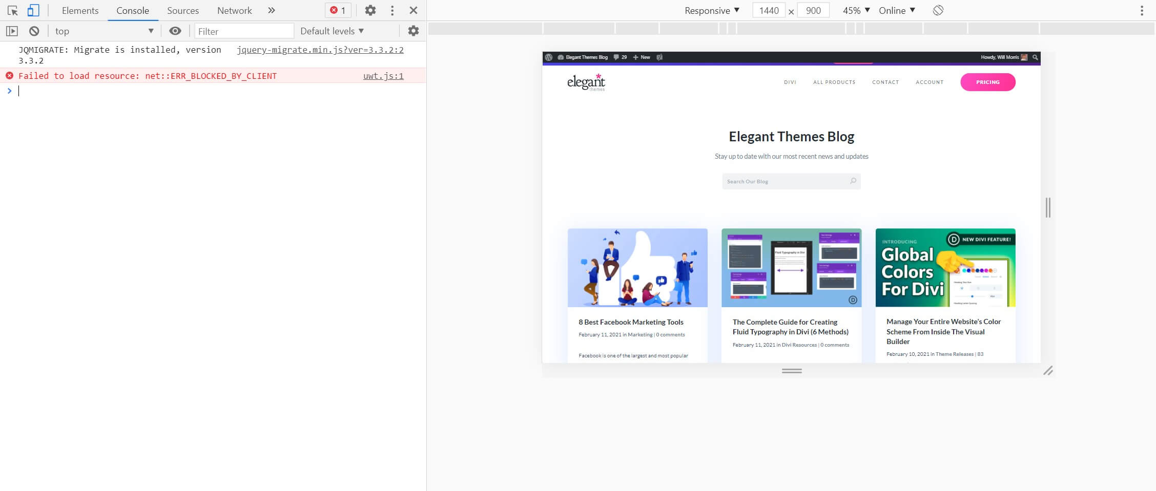 The Inspect Element debug console.
