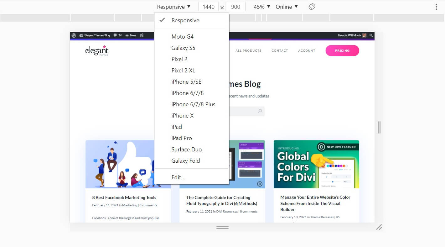 The device selection menu in the Inspect Element tool.