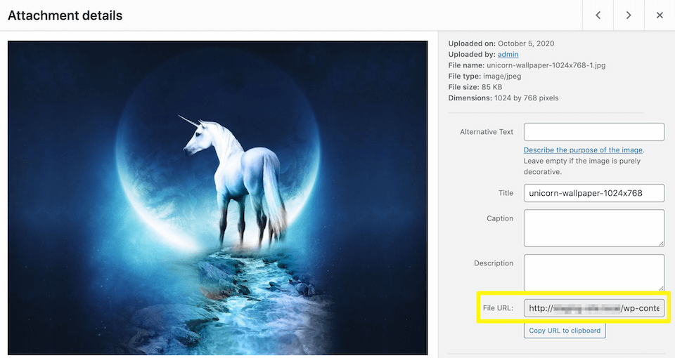Identifying an image's URL in the WordPress Media Library.