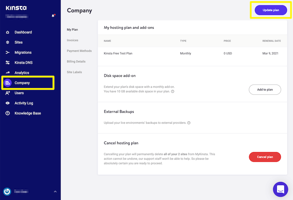 Upgrading hosting plan from the MyKinsta dashboard.