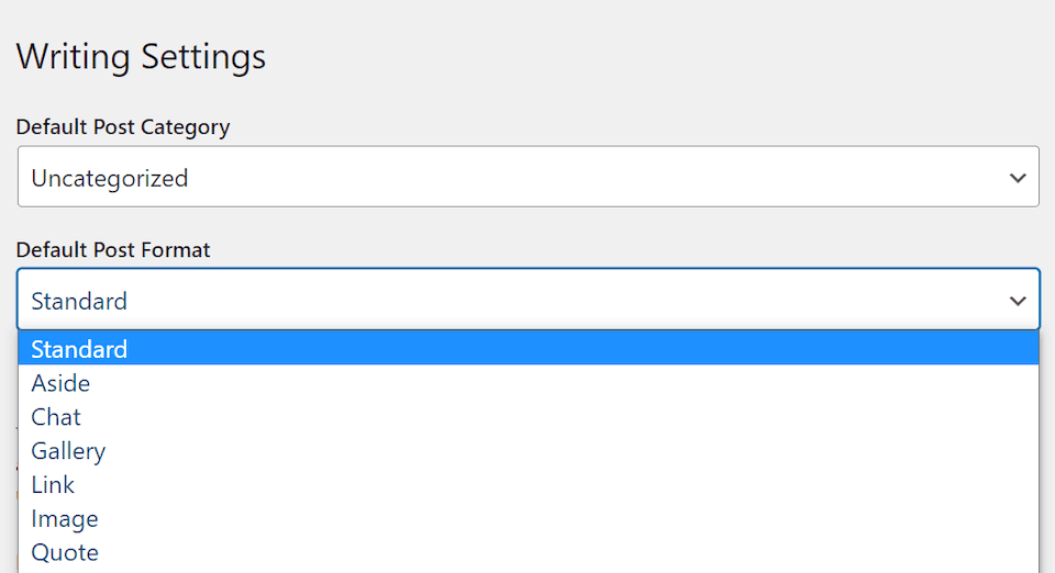 The WordPress post format options.