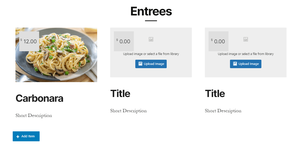 Adding food menu blocks using Gutentor