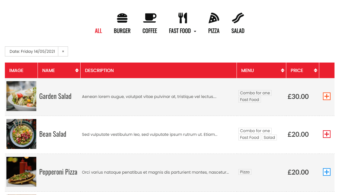 A table-based restaurant menu in WordPress