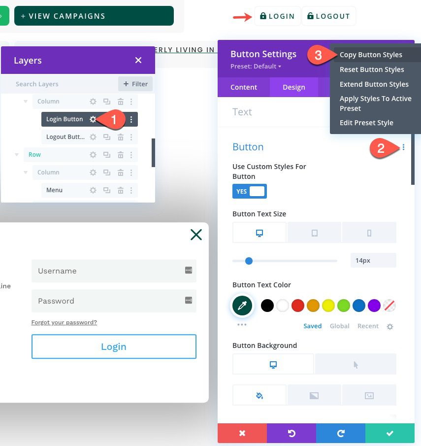 divi popup login form with login/logout buttons