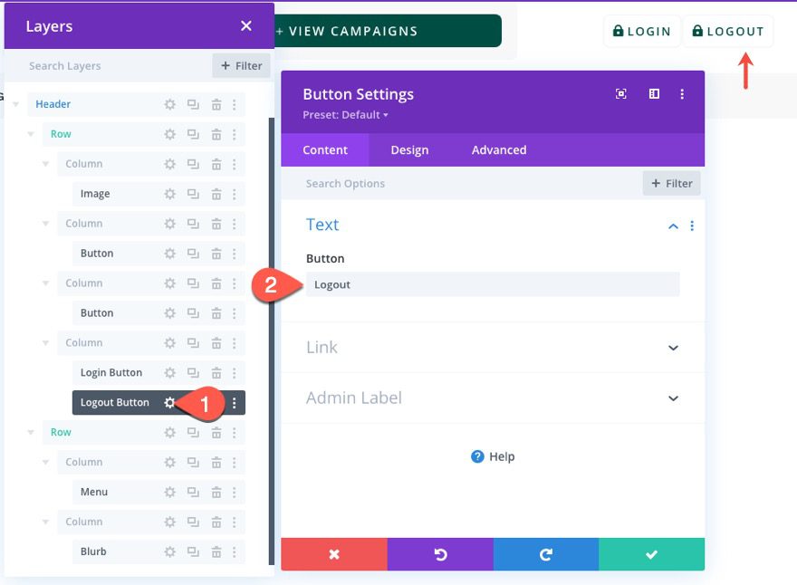 divi popup login form with login/logout buttons