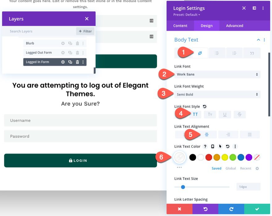 divi popup login form with login/logout buttons