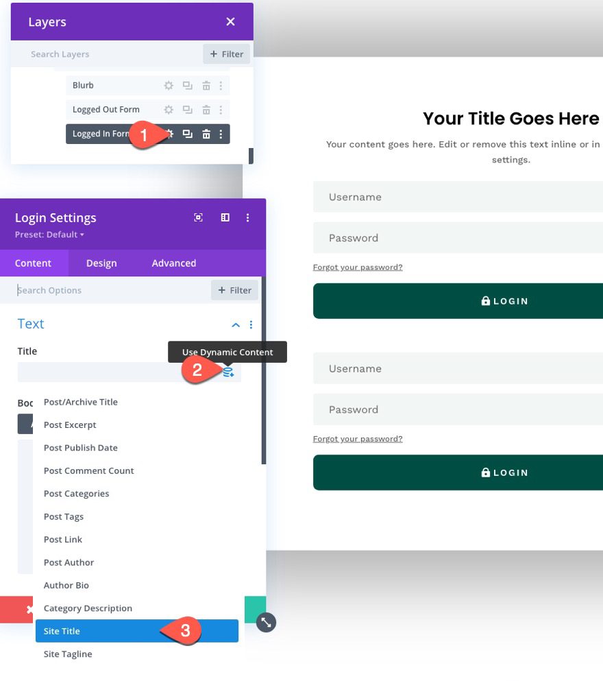 divi popup login form with login/logout buttons