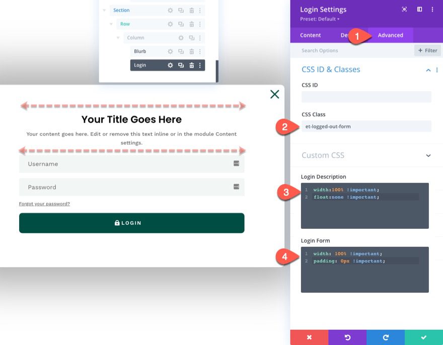 divi popup login form with login/logout buttons
