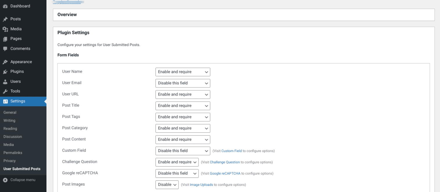 The User Submitted Posts settings.