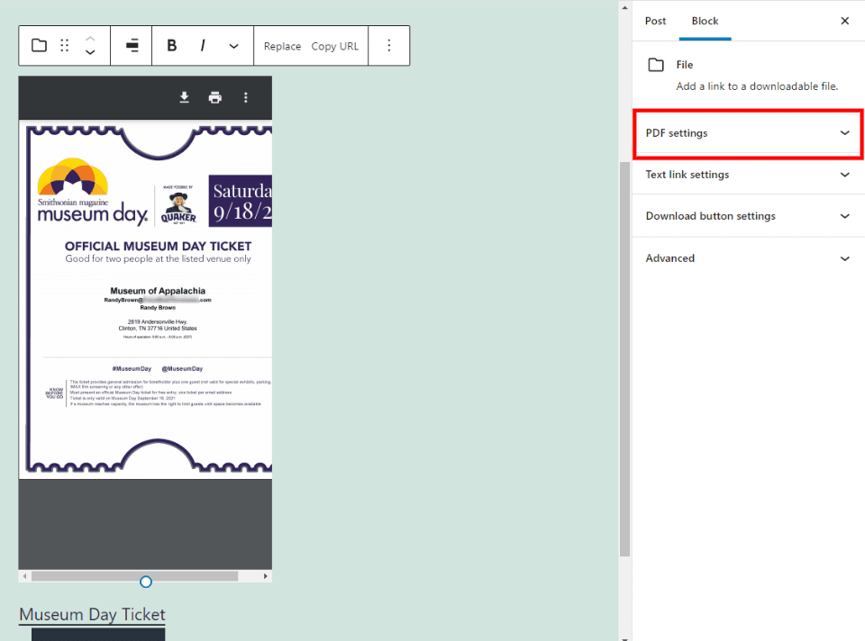 File Block Sidebar Settings