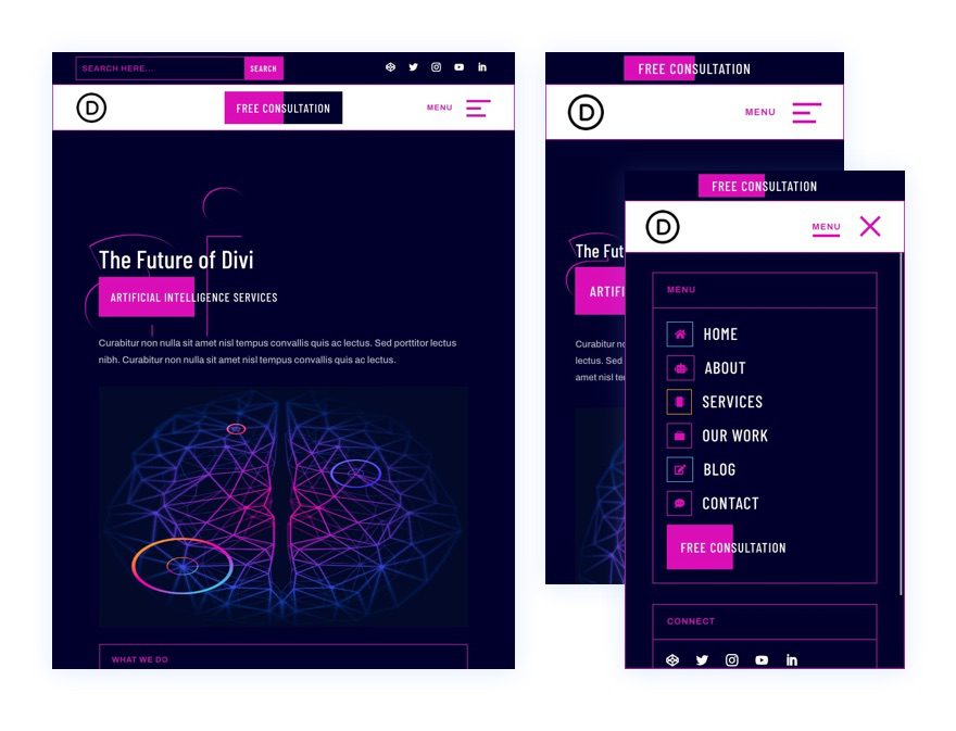 divi artificial intelligence header footer template