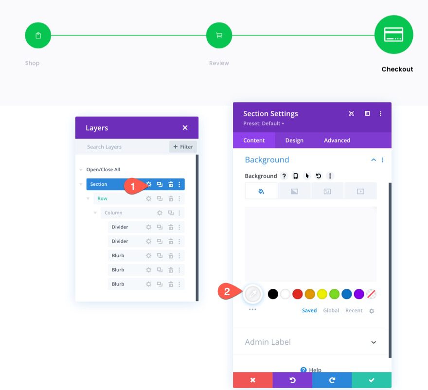 checkout process navigation menu in Divi