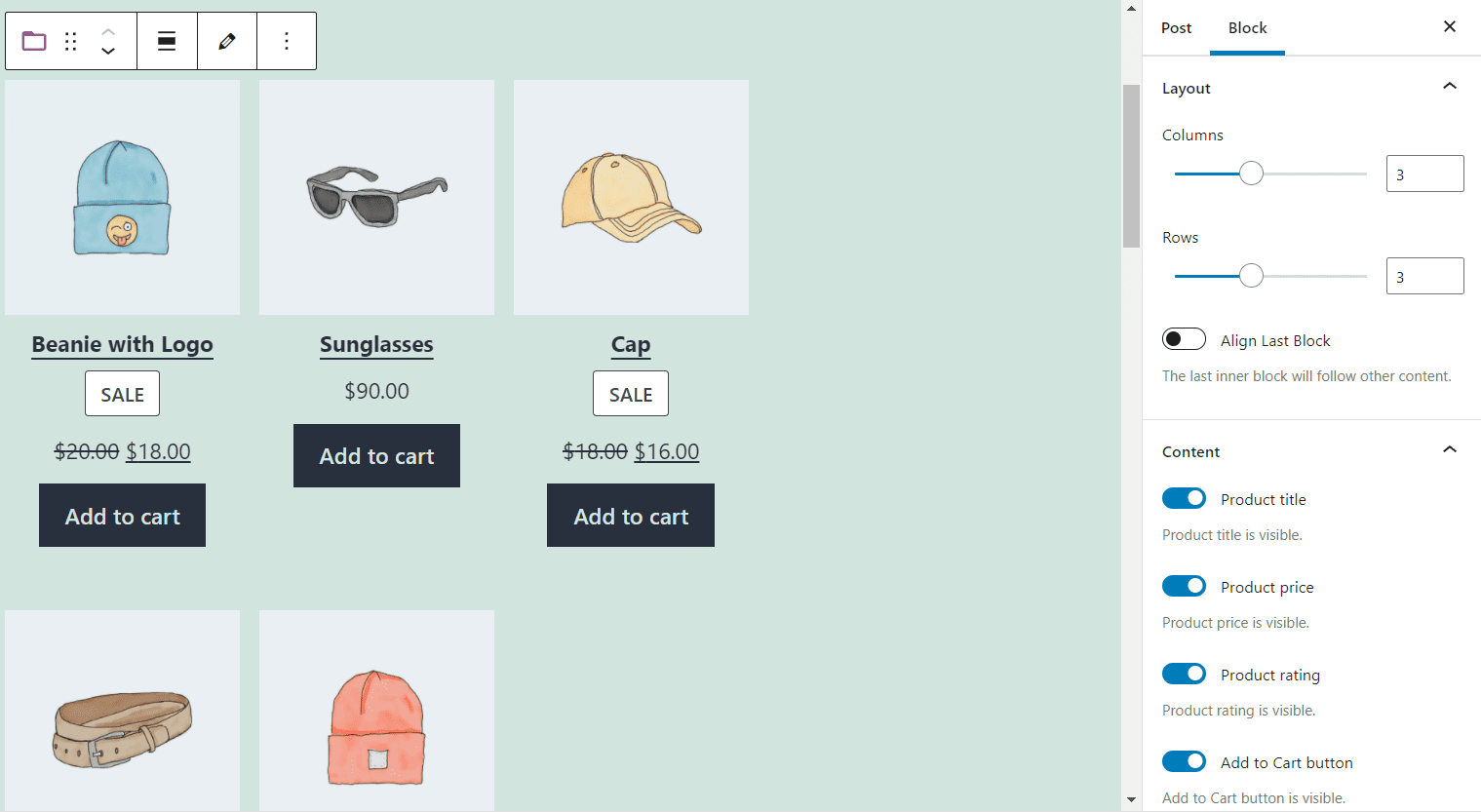 The Layout and Content settings for the WooCommerce block. 
