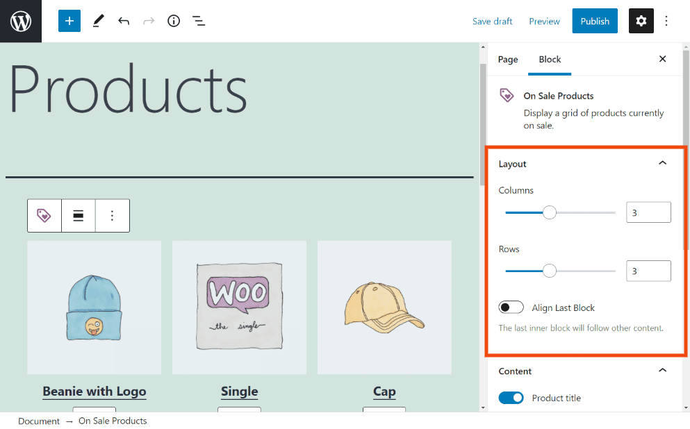 The Layout section of the On Sale Products block settings.