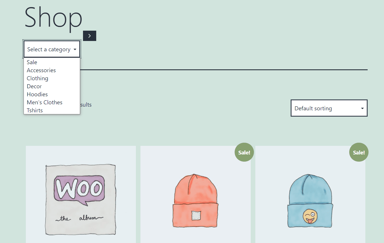 The Product Categories list displayed as a dropdown.