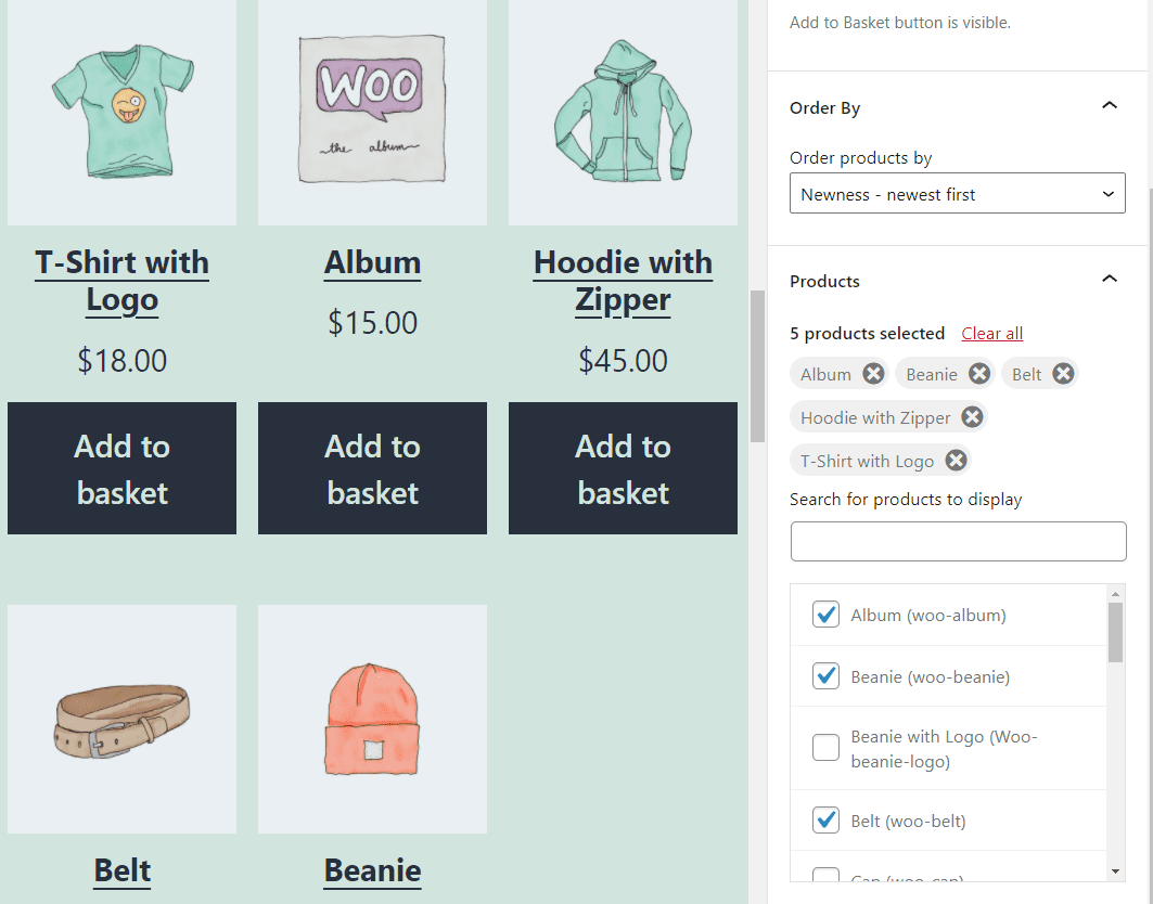 Changing the products selection from the block's settings menu