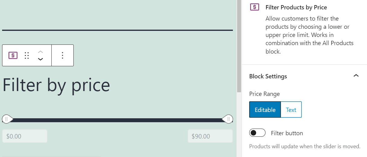 Configuring the price fields for the Filter Products by Price block