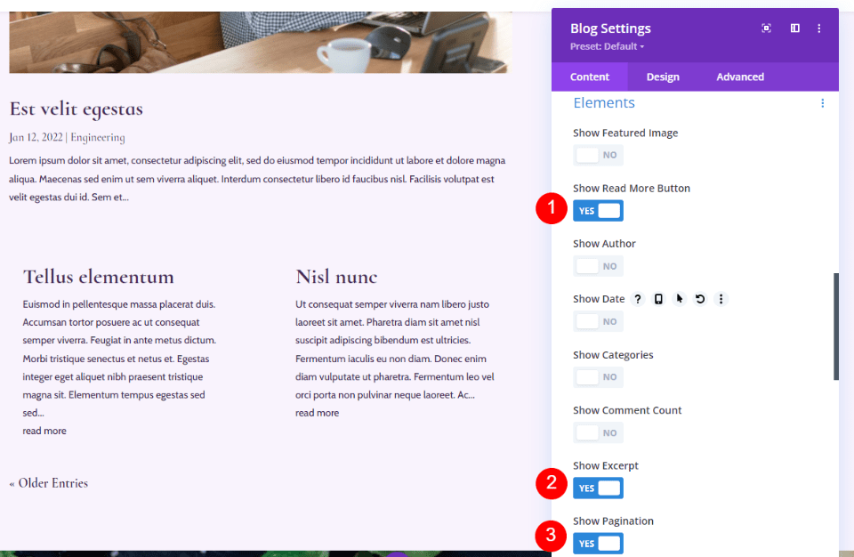 Excerpt, Read More Button & Pagination Element Combinations