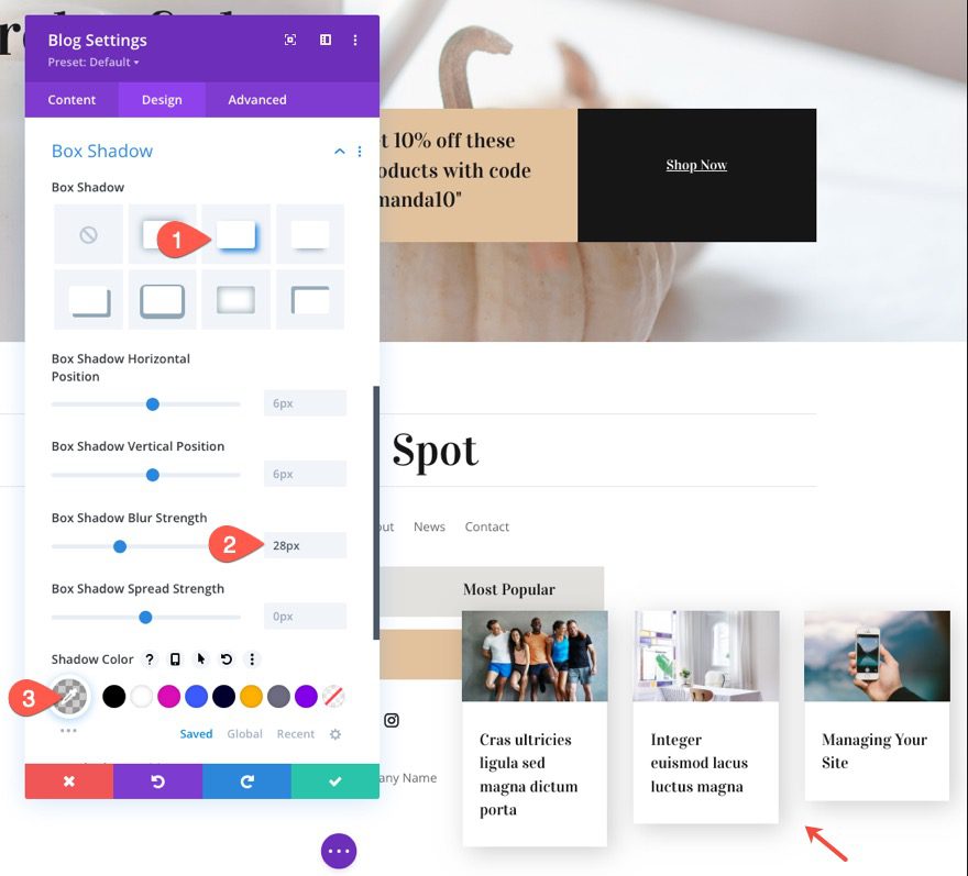 divi blog module floating cards