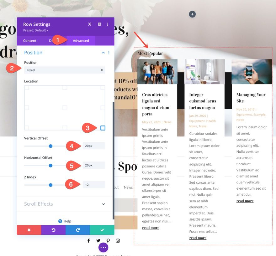 divi blog module floating cards