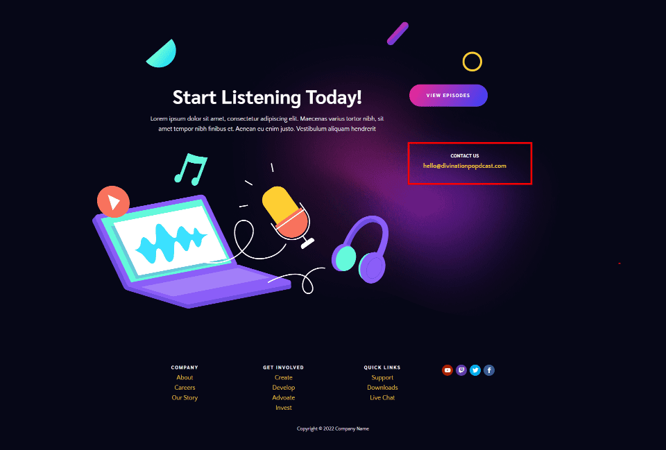 Divi Footer Contact Form Example Two