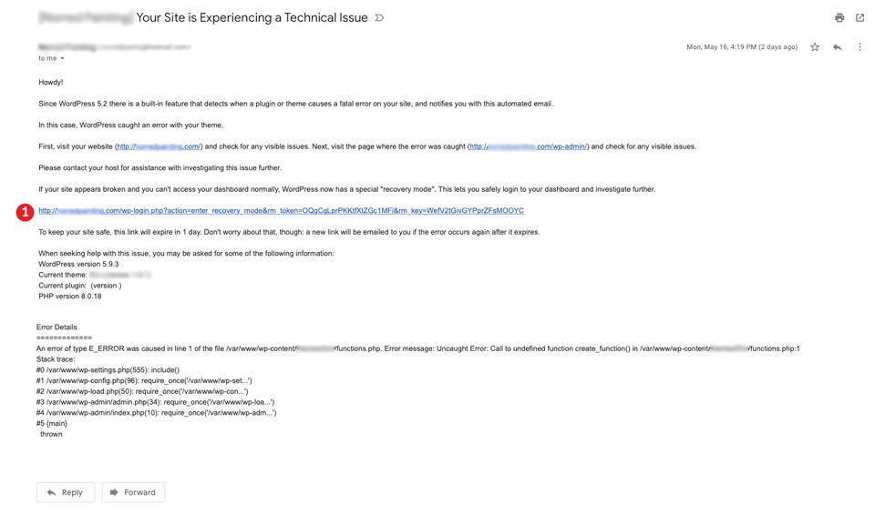WordPress Recovery Mode Email