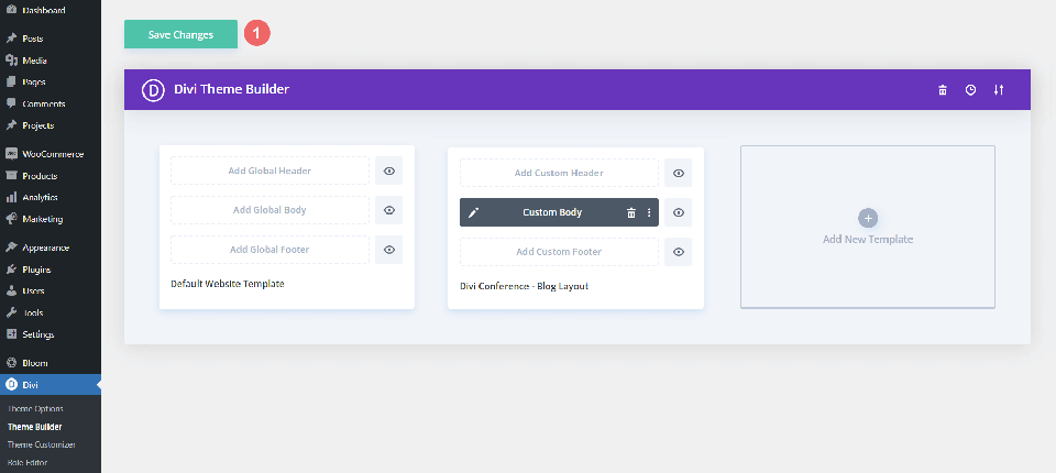 Save the imported Divi Conference Blog Post Template within the Divi Builder