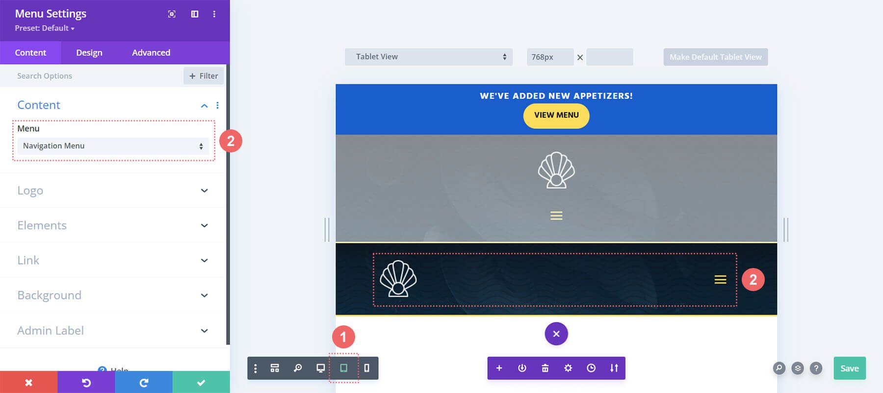 Select a menu for tablet and mobile