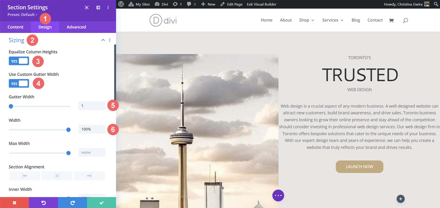 Set section sizing settings