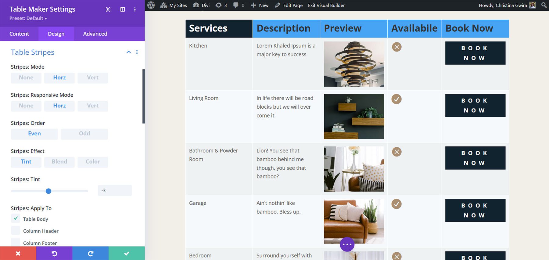 Table stripes styling