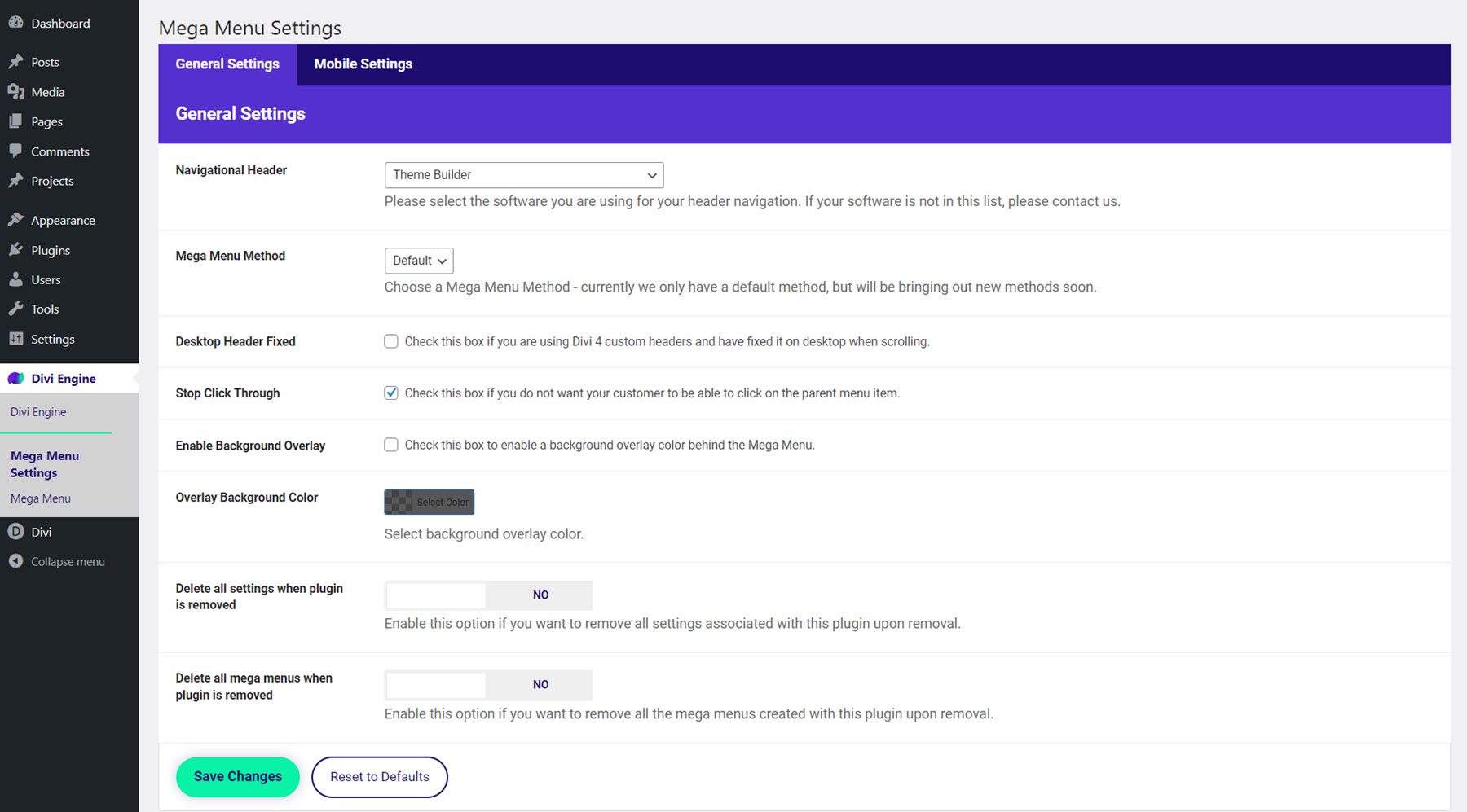 Divi Mega Menu Settings